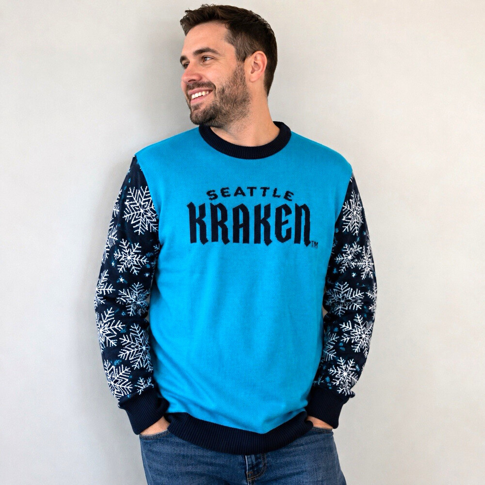 Seattle Kraken NHL Mens L Ugly Christmas Sweater Snowflake Holiday Hockey Blue